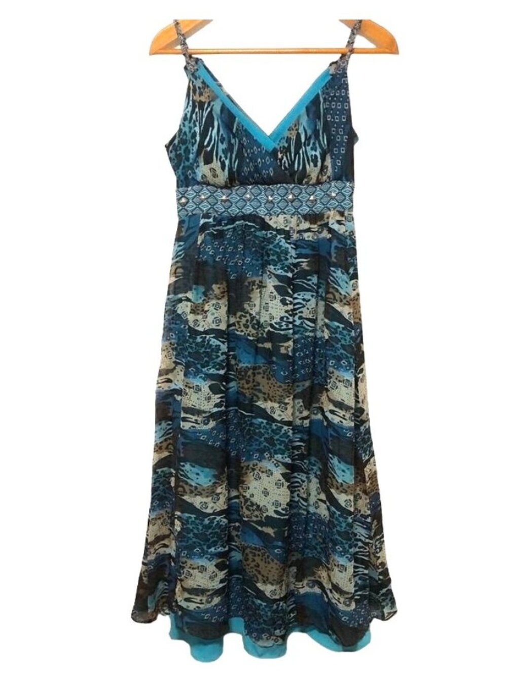 Signature by Robbie Bee Strappy Midi Dress 12 All Silk Blue Mixed Animal Print